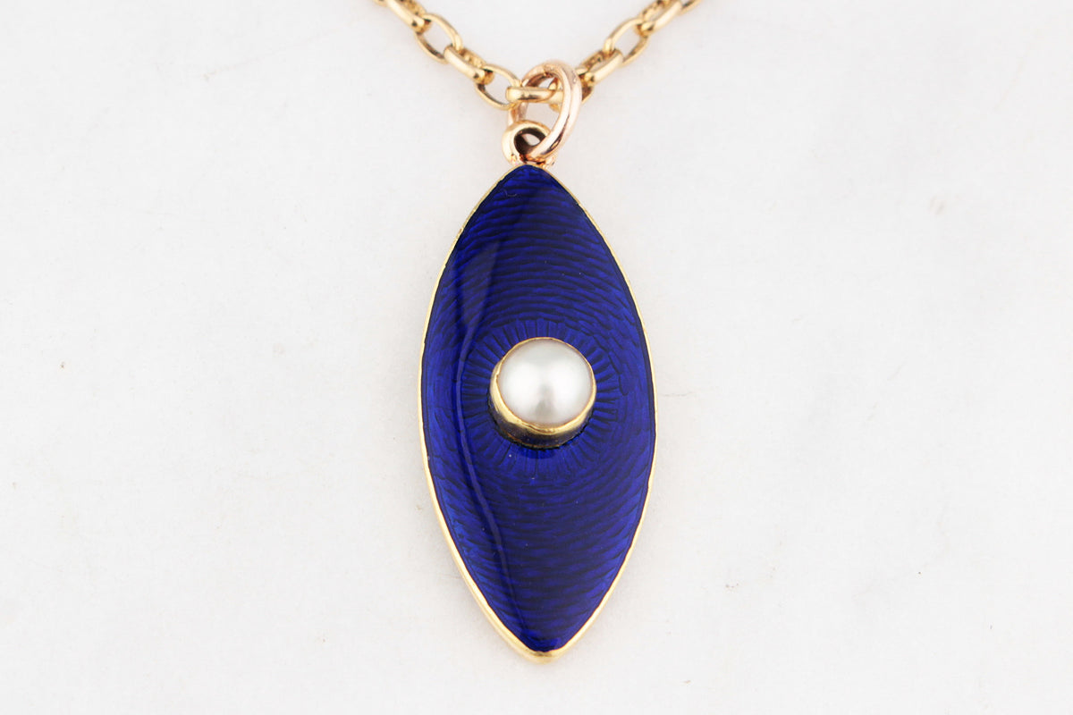 ANTIQUE VICTORIAN BLUE ENAMEL AND PEARL PENDANT 18 & 9ct GOLD