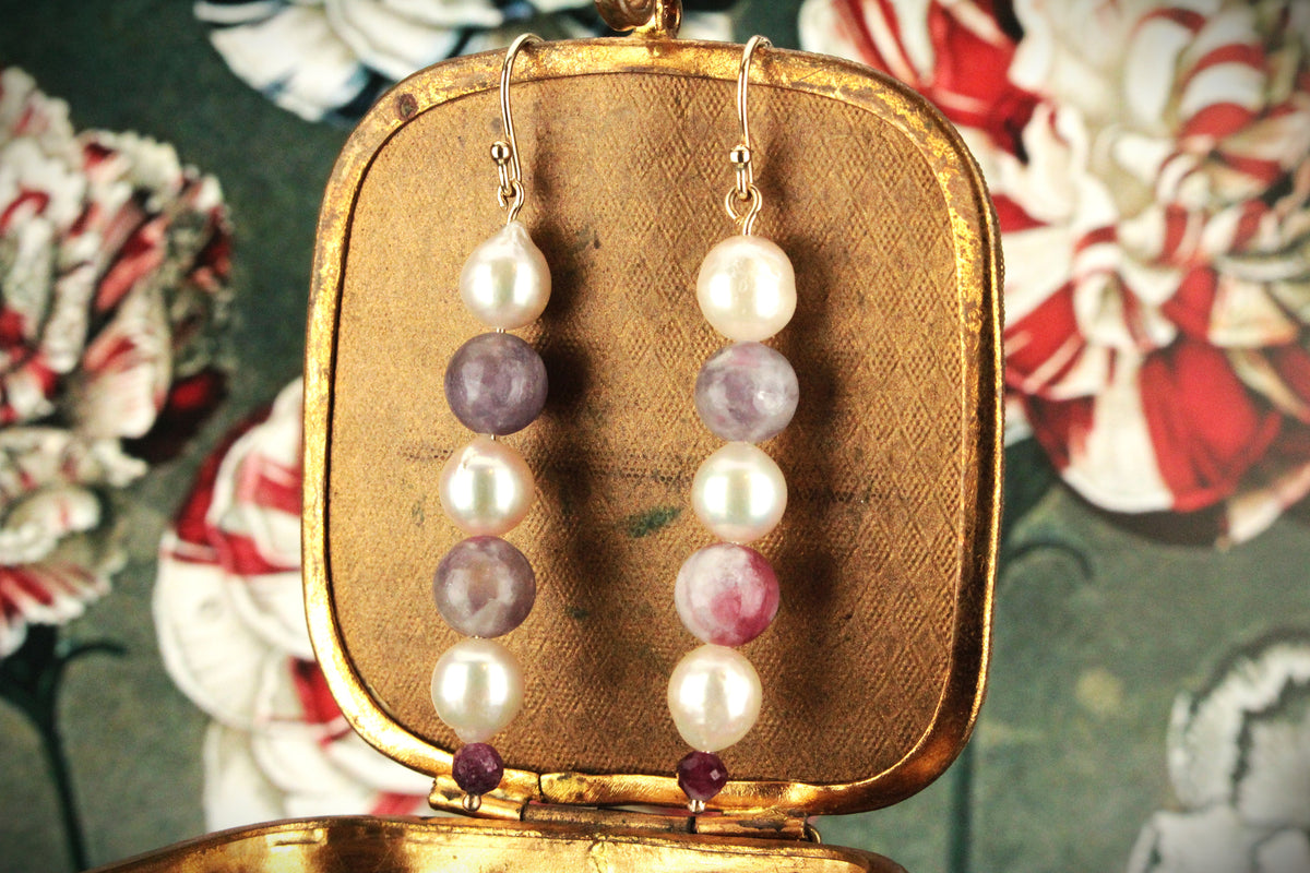 PEARL, TOURMALINE &amp; GARNET EARRINGS 9ct GOLD