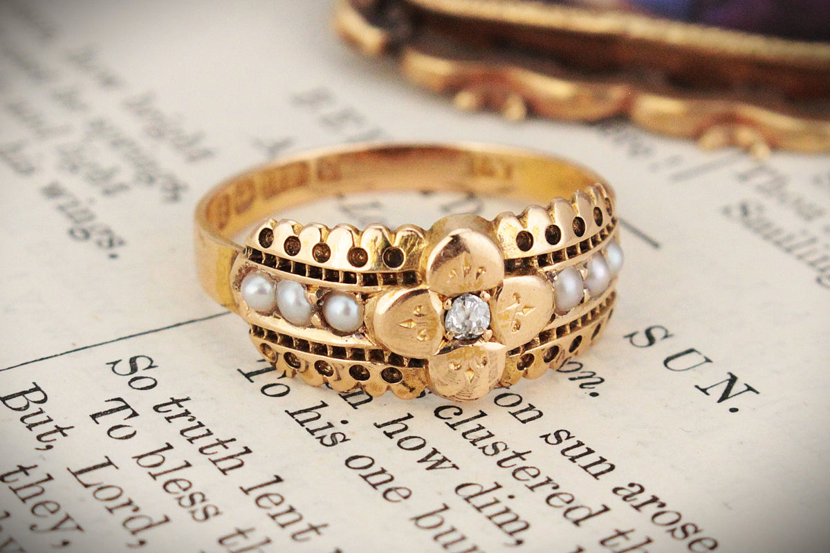 VICTORIAN 1889 DIAMOND & SEED PEARL RING 15ct GOLD