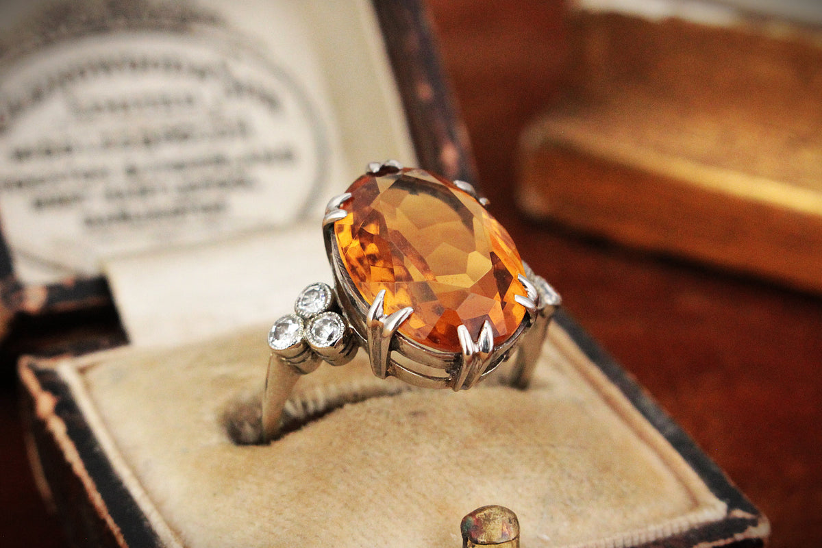 ANTIQUE ART DECO CITRINE & DIAMOND COCKTAIL RING 18ct GOLD