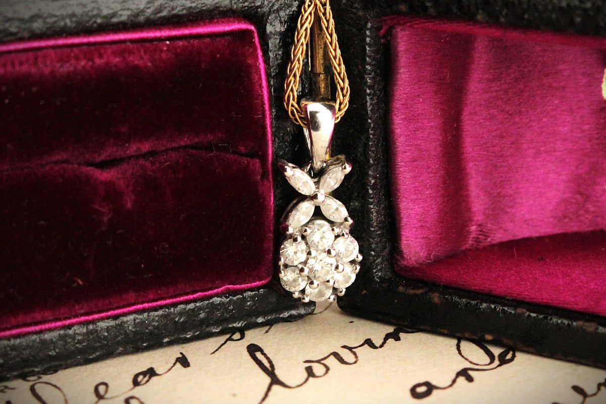 RETRO .41ct c1980 DIAMOND CLUSTER PENDANT 18ct WHITE GOLD