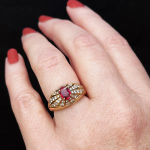 RETRO RUBY & DIAMOND RING 18ct YELLOW GOLD