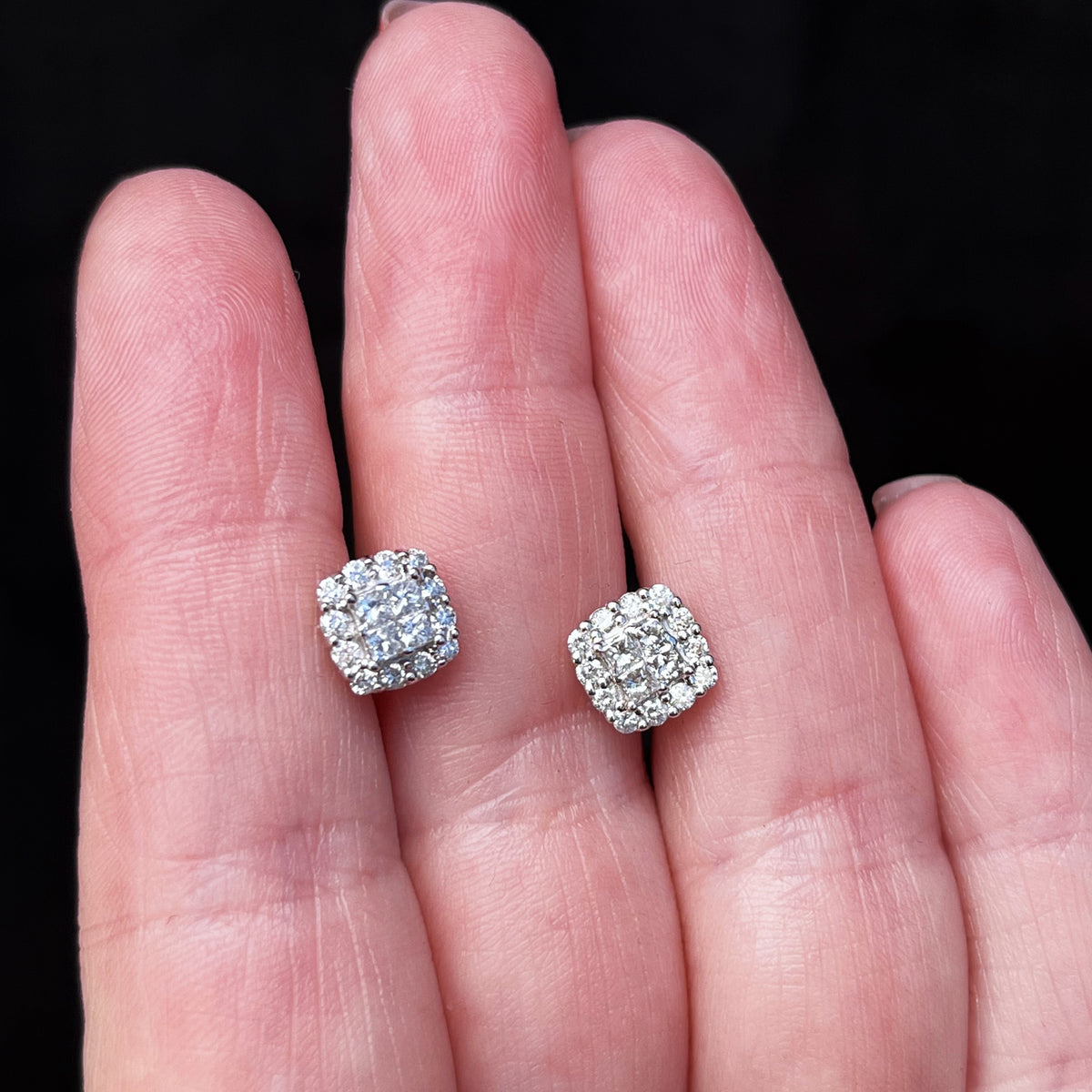 VINTAGE .50ct CLUSTER EARRINGS 9ct WHITE GOLD