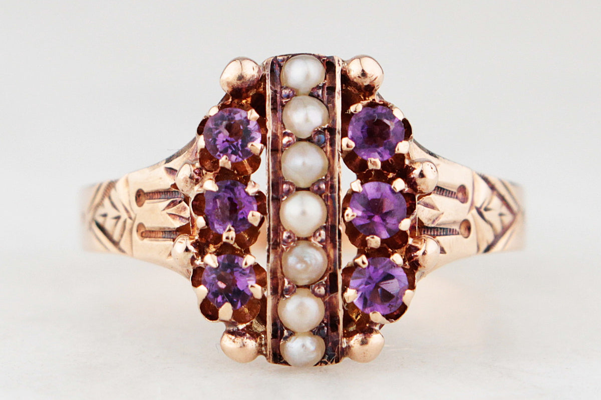 ANTIQUE EDWARDIAN AMETHYST & SEED PEARL RING 9ct GOLD