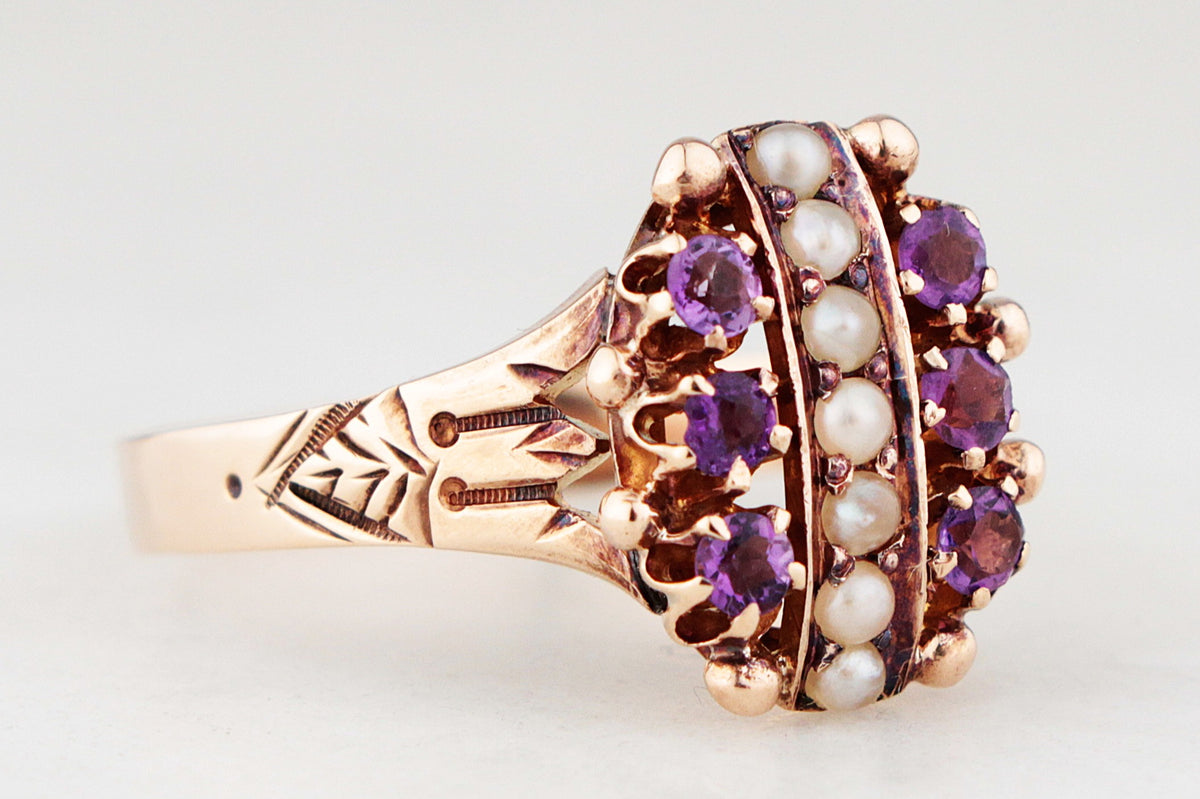 ANTIQUE EDWARDIAN AMETHYST & SEED PEARL RING 9ct GOLD