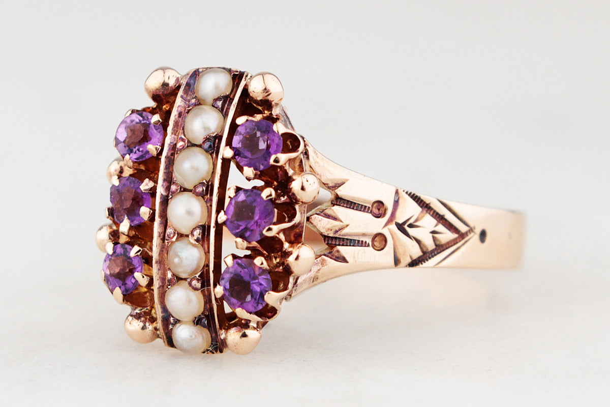 ANTIQUE EDWARDIAN AMETHYST & SEED PEARL RING 9ct GOLD