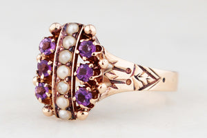 ANTIQUE EDWARDIAN AMETHYST & SEED PEARL RING 9ct GOLD