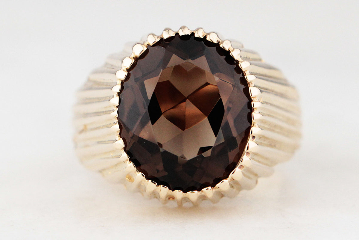 VINTAGE 1973 SMOKY QUARTZ COCKTAIL RING 9ct GOLD