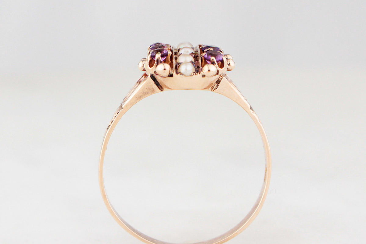 ANTIQUE EDWARDIAN AMETHYST & SEED PEARL RING 9ct GOLD