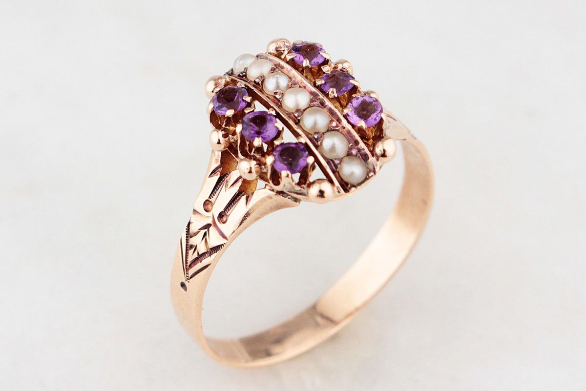 ANTIQUE EDWARDIAN AMETHYST & SEED PEARL RING 9ct GOLD