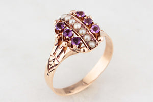 ANTIQUE EDWARDIAN AMETHYST & SEED PEARL RING 9ct GOLD
