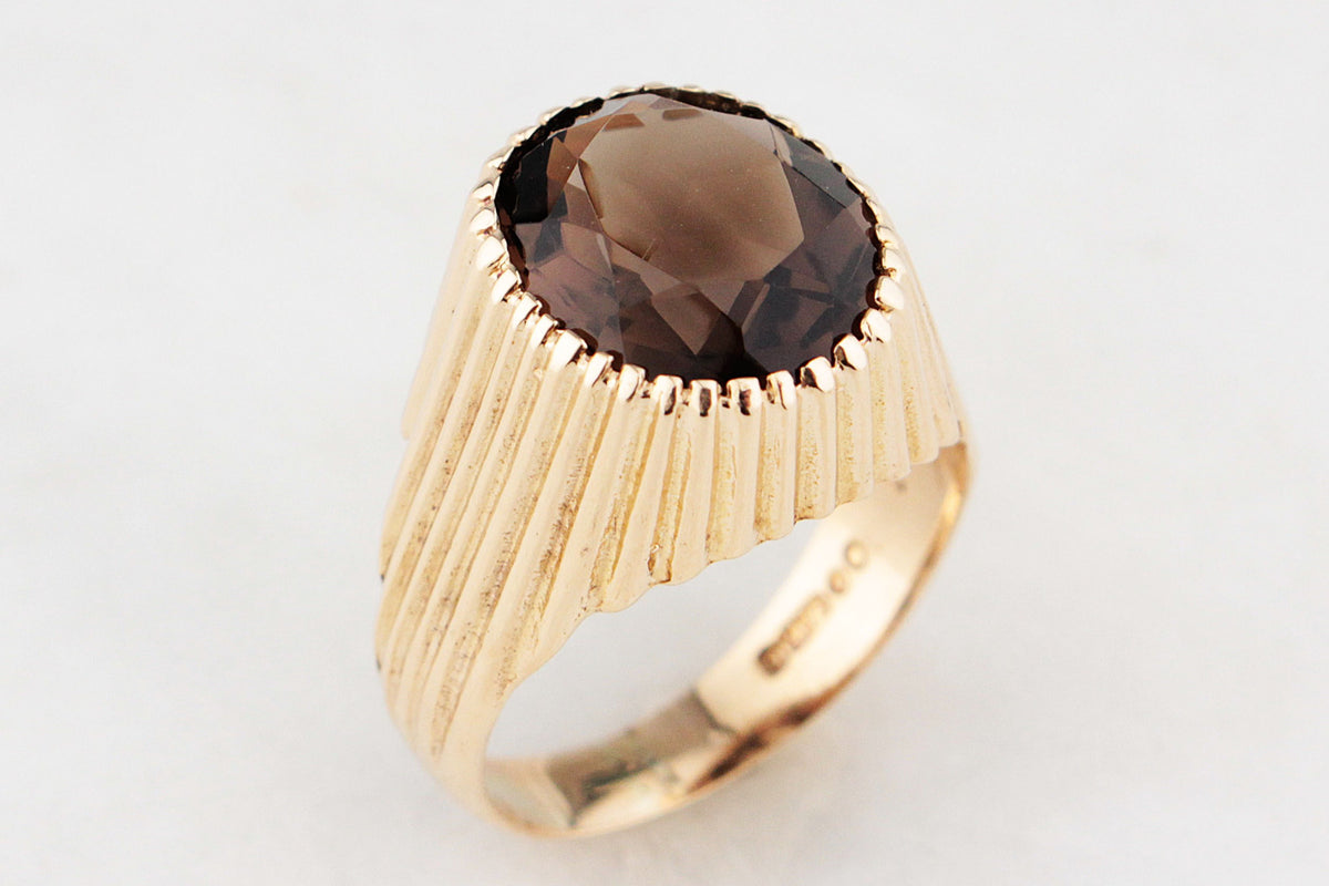 VINTAGE 1973 SMOKY QUARTZ COCKTAIL RING 9ct GOLD