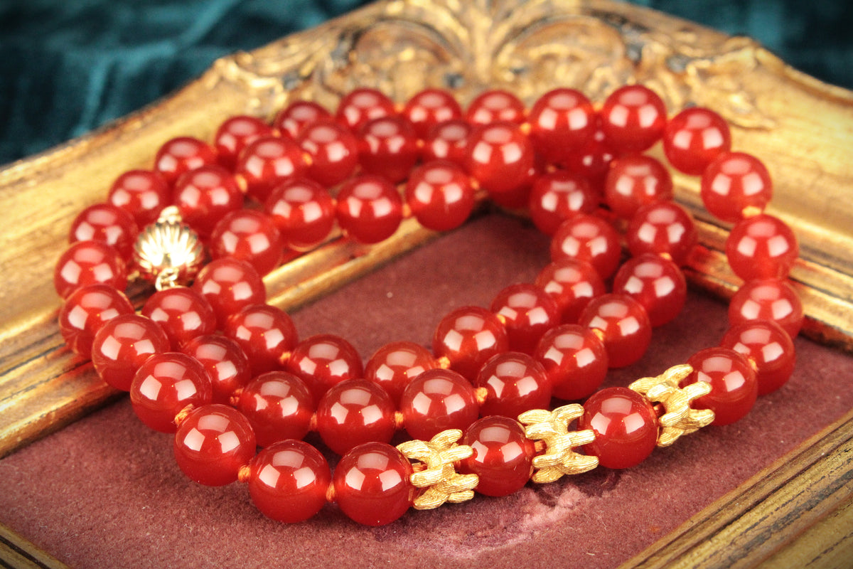 BESPOKE RED AGATE BEADS 18 &amp; 14ct GOLD