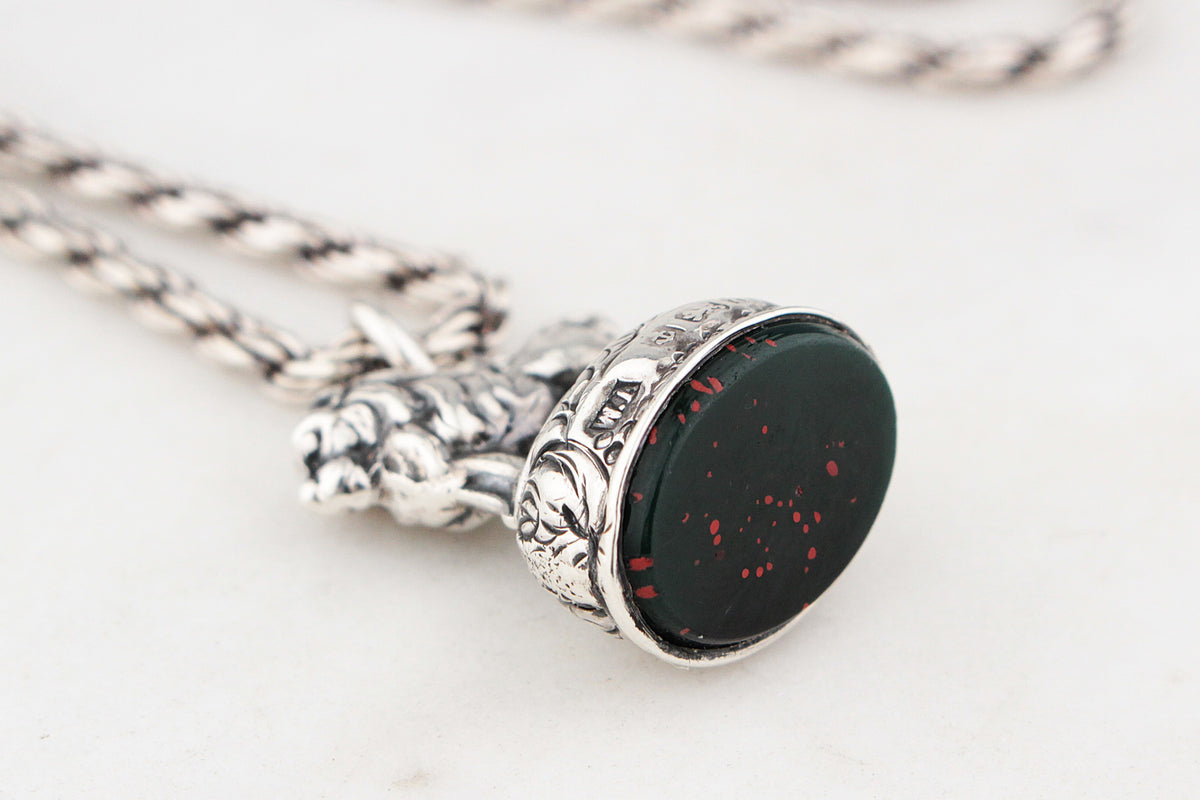 ANTIQUE STERLING SILVER LION BLOODSTONE FOB SEAL PENDANT
