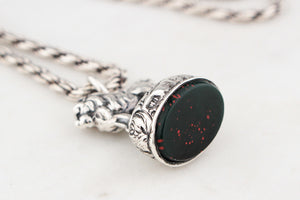 ANTIQUE STERLING SILVER LION BLOODSTONE FOB SEAL PENDANT