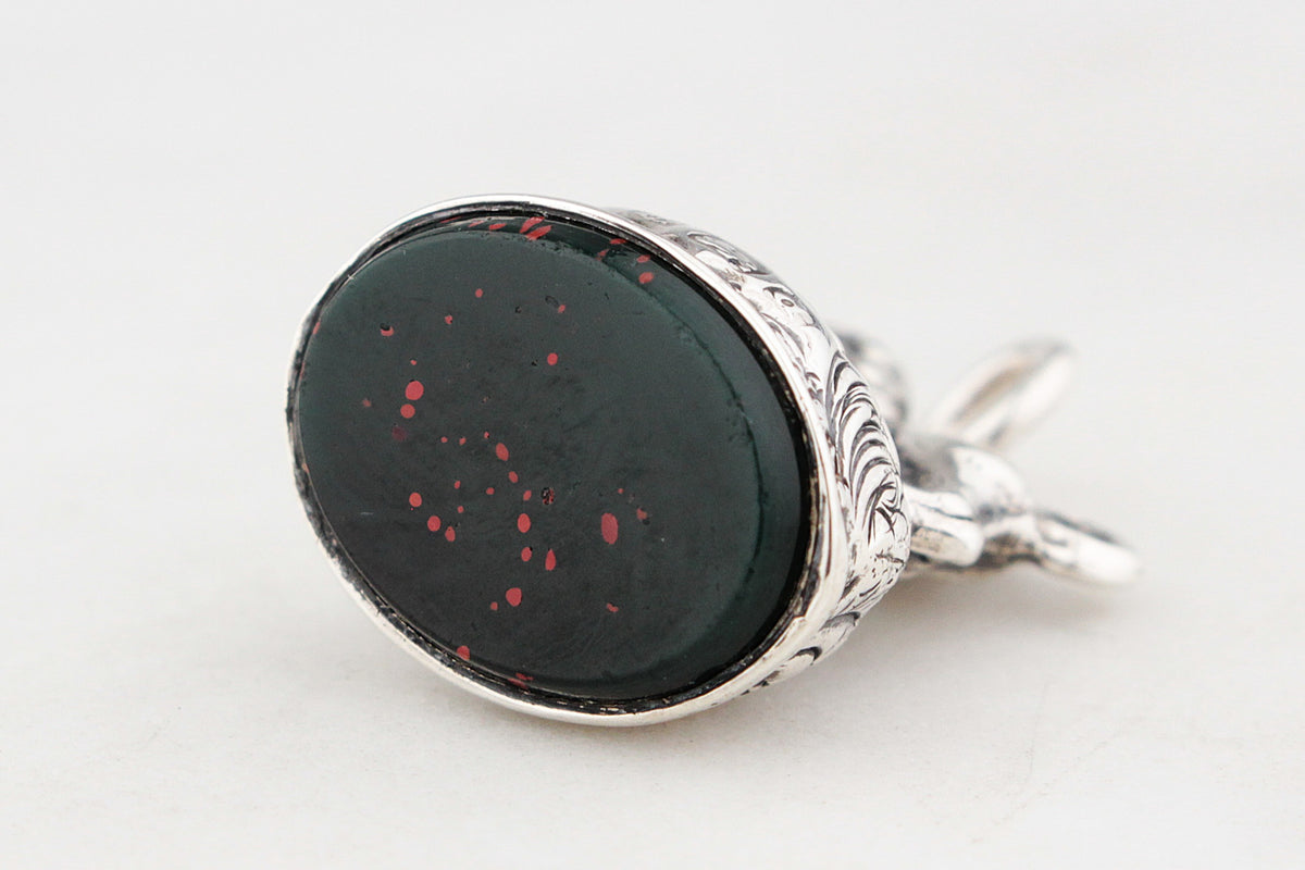 ANTIQUE STERLING SILVER LION BLOODSTONE FOB SEAL PENDANT