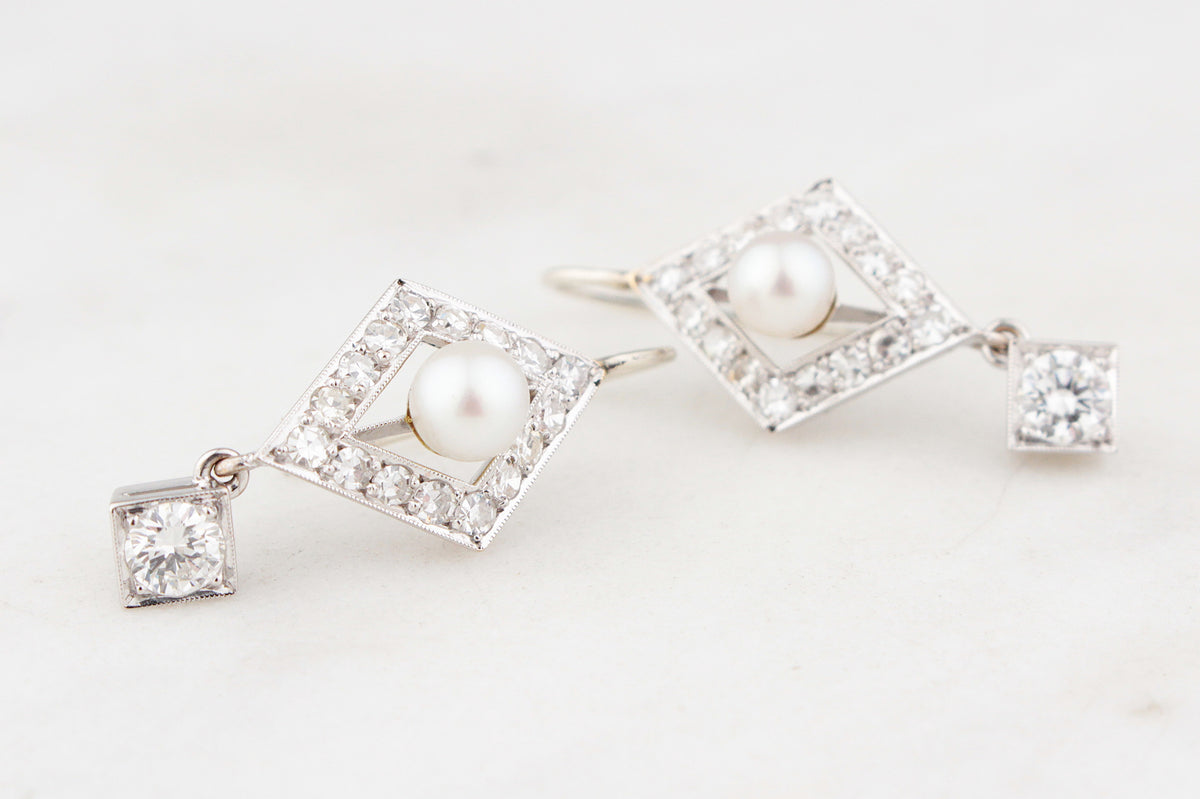 VINTAGE 1.30ct DIAMOND & PEARL EARRINGS 18ct GOLD