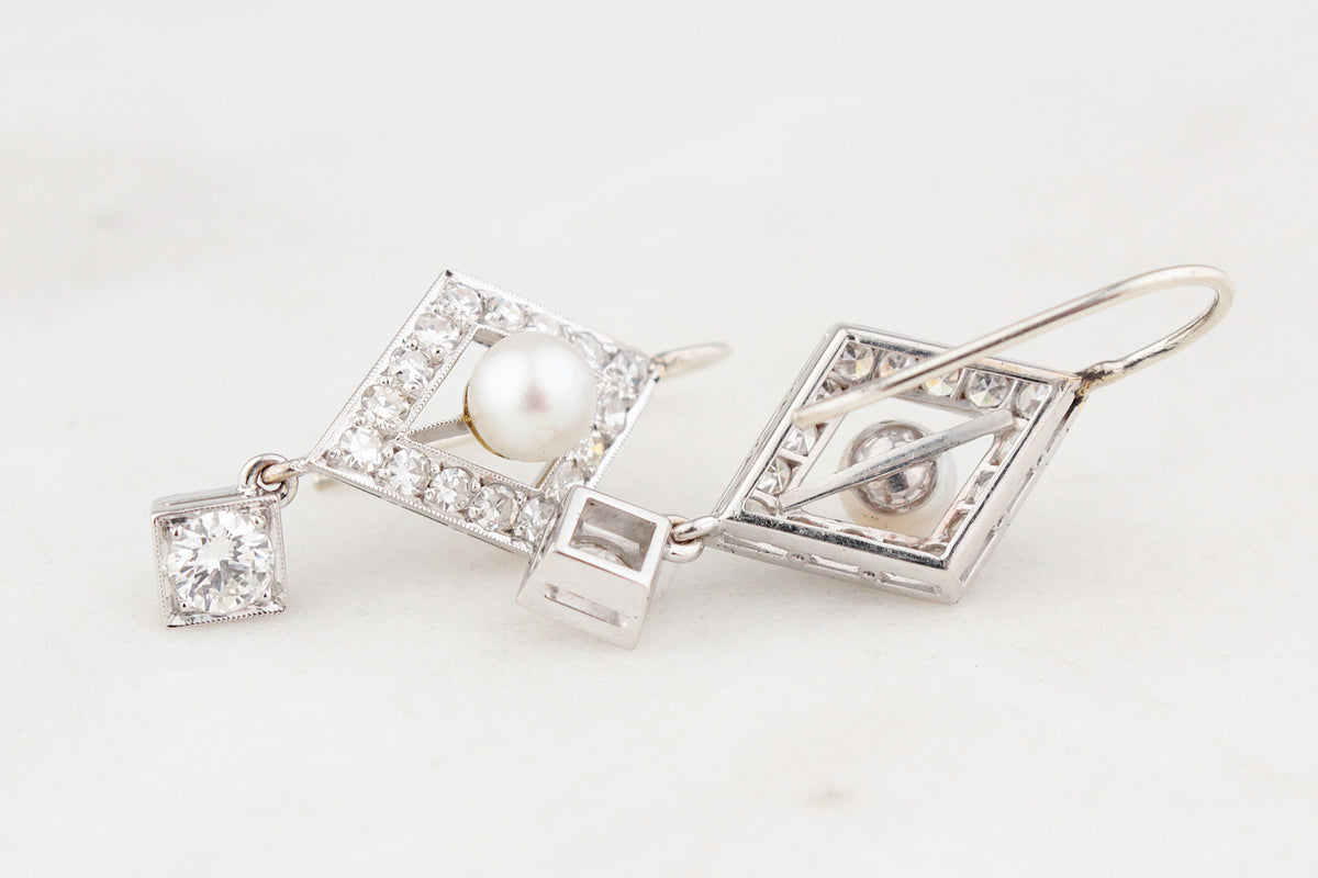 VINTAGE 1.30ct DIAMOND & PEARL EARRINGS 18ct GOLD