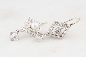 VINTAGE 1.30ct DIAMOND & PEARL EARRINGS 18ct GOLD