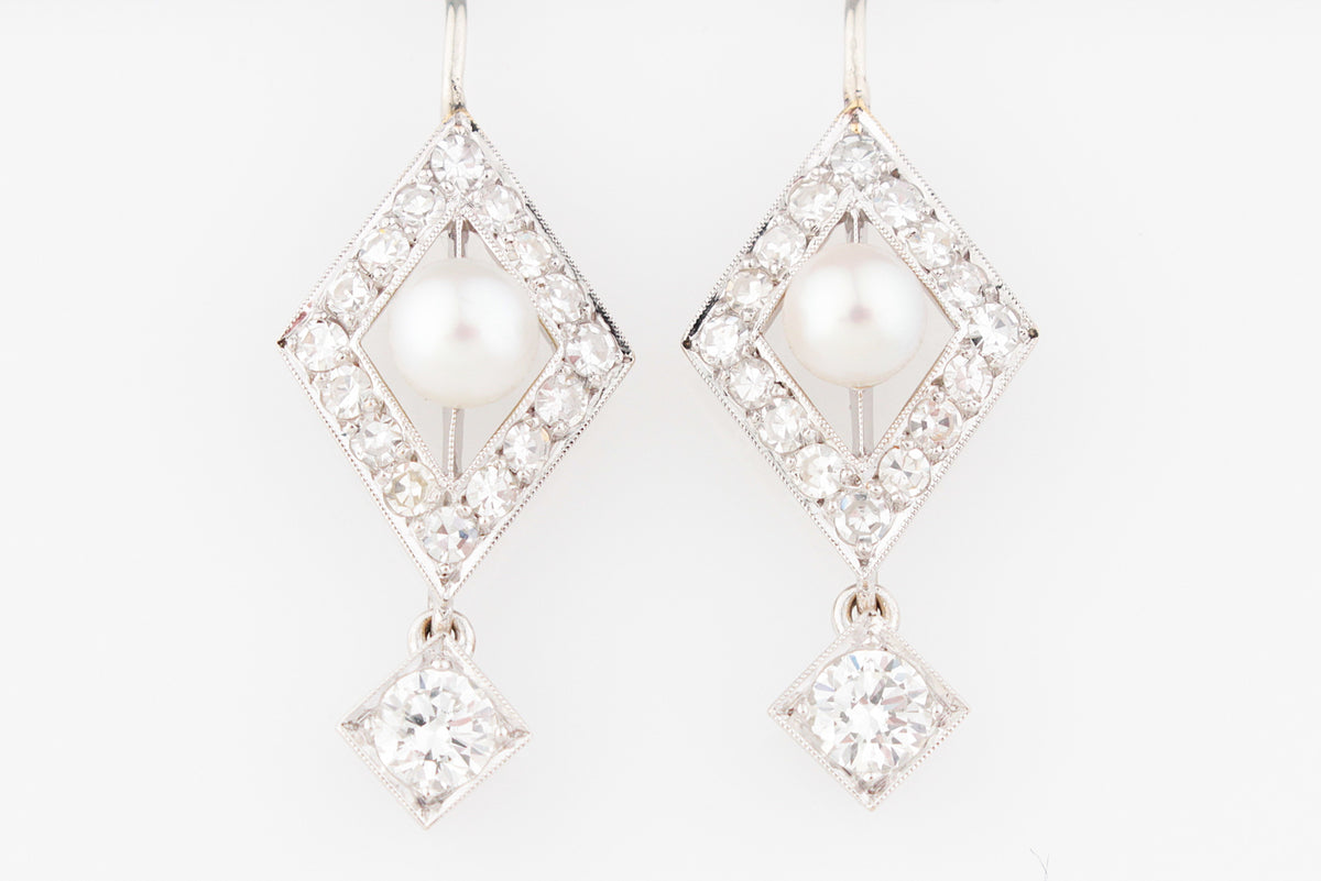 VINTAGE 1.30ct DIAMOND & PEARL EARRINGS 18ct GOLD