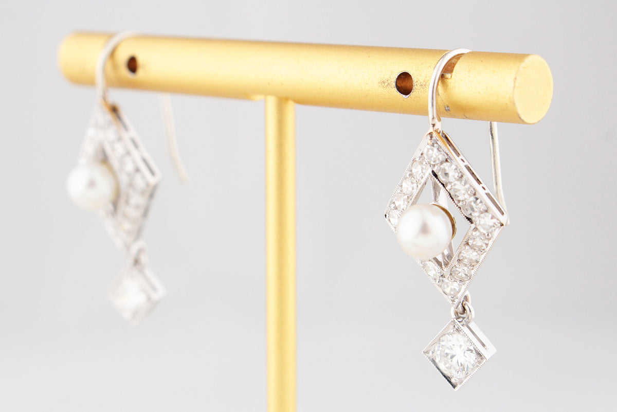 VINTAGE 1.30ct DIAMOND & PEARL EARRINGS 18ct GOLD