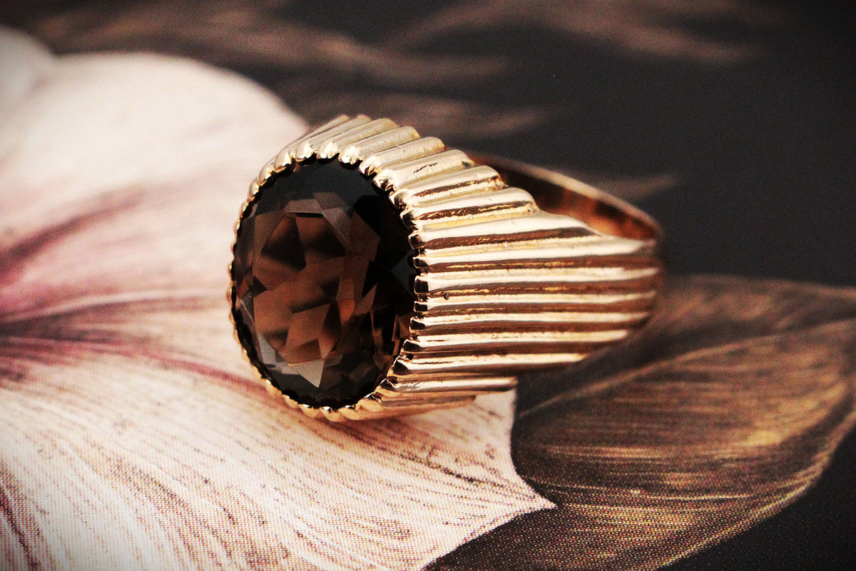 VINTAGE 1973 SMOKY QUARTZ COCKTAIL RING 9ct GOLD
