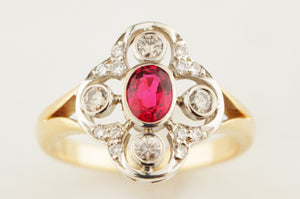 VINTAGE c1940 NATURAL RED SPINEL & DIAMOND RING 18ct YELLOW & WHITE GOLD