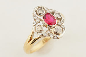 VINTAGE c1940 NATURAL RED SPINEL & DIAMOND RING 18ct YELLOW & WHITE GOLD