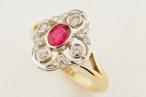 VINTAGE c1940 NATURAL RED SPINEL & DIAMOND RING 18ct YELLOW & WHITE GOLD