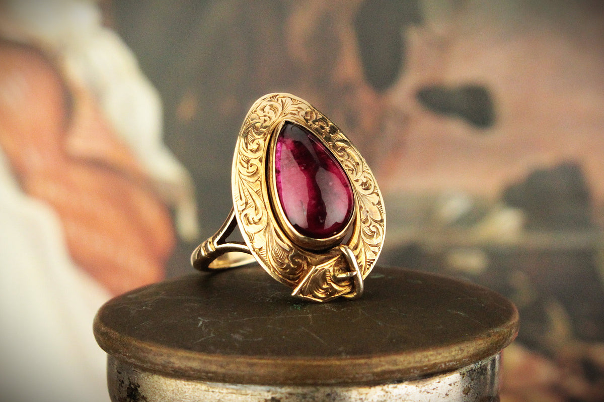 ANTIQUE VICTORIAN GARNET c1860 MOURNING RING 9ct GOLD