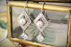 VINTAGE 1.30ct DIAMOND & PEARL EARRINGS 18ct GOLD