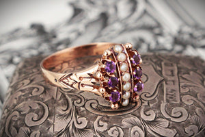 ANTIQUE EDWARDIAN AMETHYST & SEED PEARL RING 9ct GOLD
