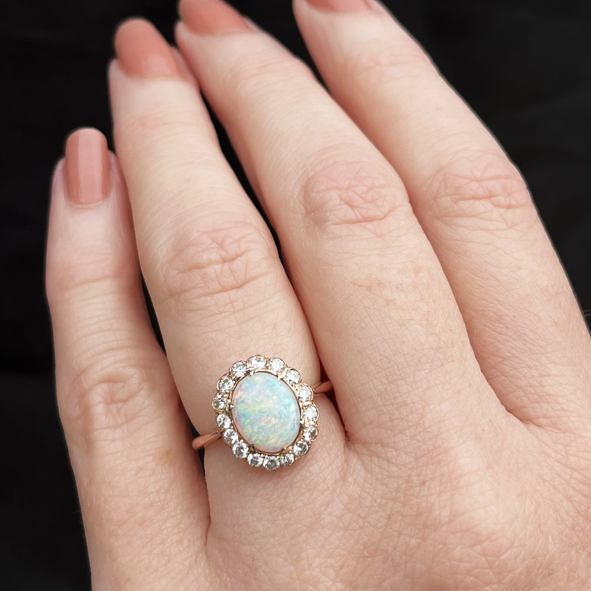 VINTAGE SOLID OPAL &amp; DIAMOND HALO RING 18ct GOLD