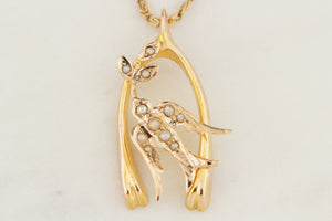 ANTIQUE EDWARDIAN c1900 LUCKY WISHBONE & SEED PEARL SWALLOW PENDANT 9ct YELLOW GOLD