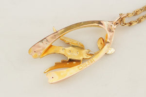 ANTIQUE EDWARDIAN c1900 LUCKY WISHBONE & SEED PEARL SWALLOW PENDANT 9ct YELLOW GOLD