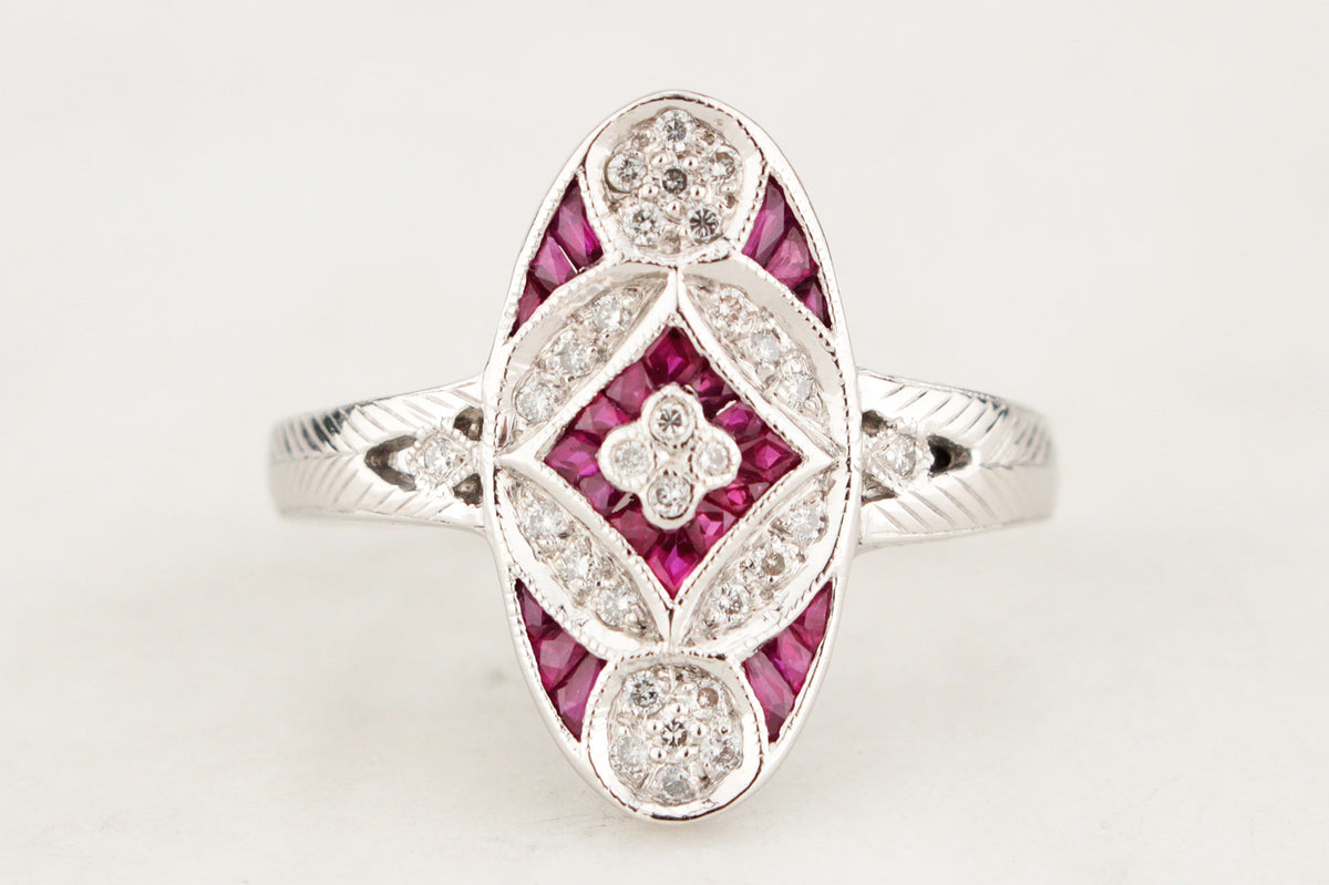 LATE ART DECO c1940 DIAMOND &amp; RUBY RING 18CT WHITE GOLD