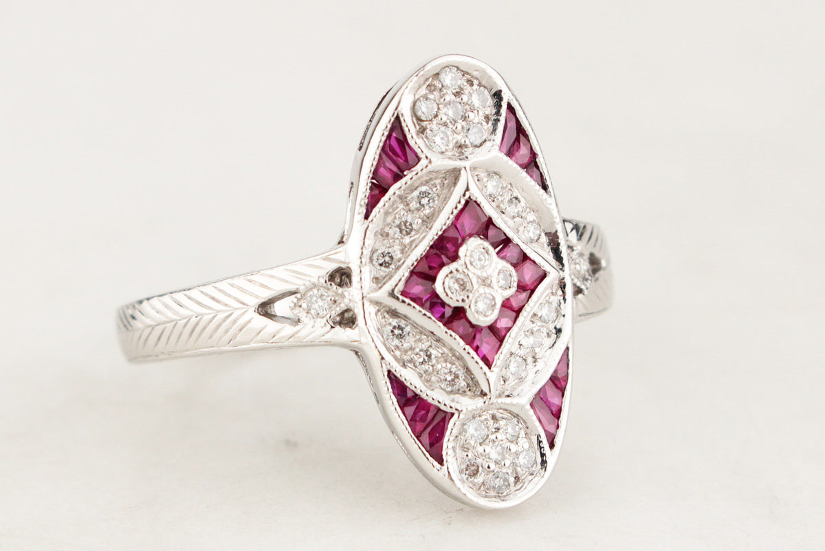 LATE ART DECO c1940 DIAMOND &amp; RUBY RING 18CT WHITE GOLD