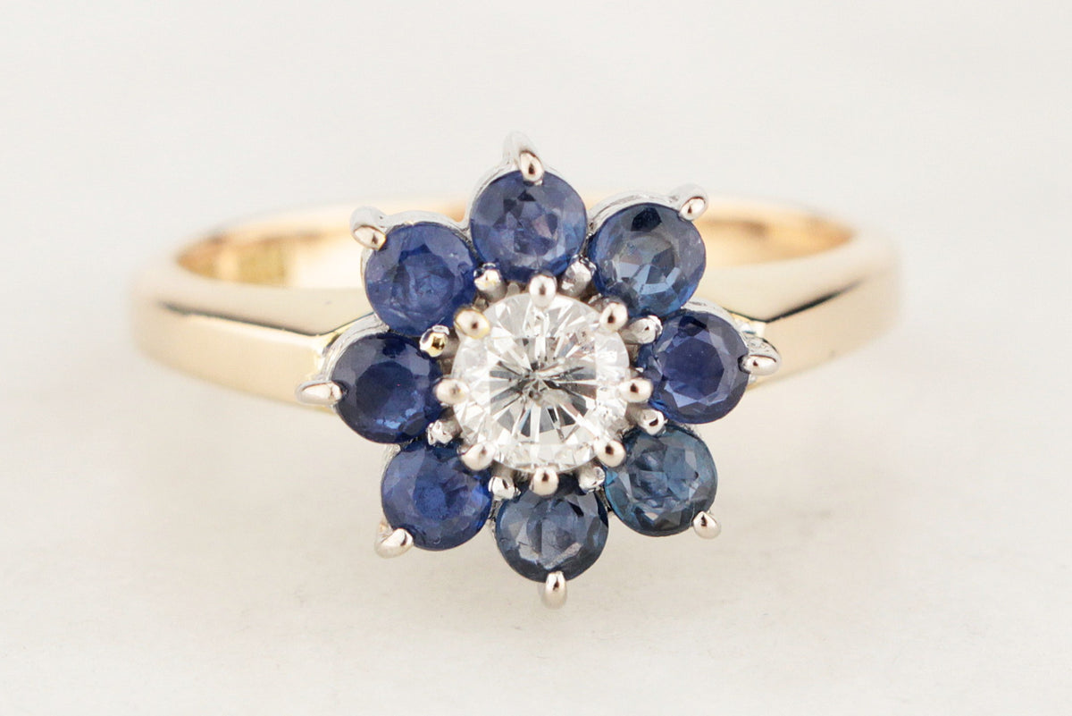 VINTAGE c1940 CEYLON SAPPHIRE &amp; DIAMOND FLORAL CLUSTER RING 14ct GOLD