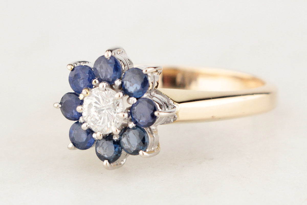 VINTAGE c1940 CEYLON SAPPHIRE &amp; DIAMOND FLORAL CLUSTER RING 14ct GOLD