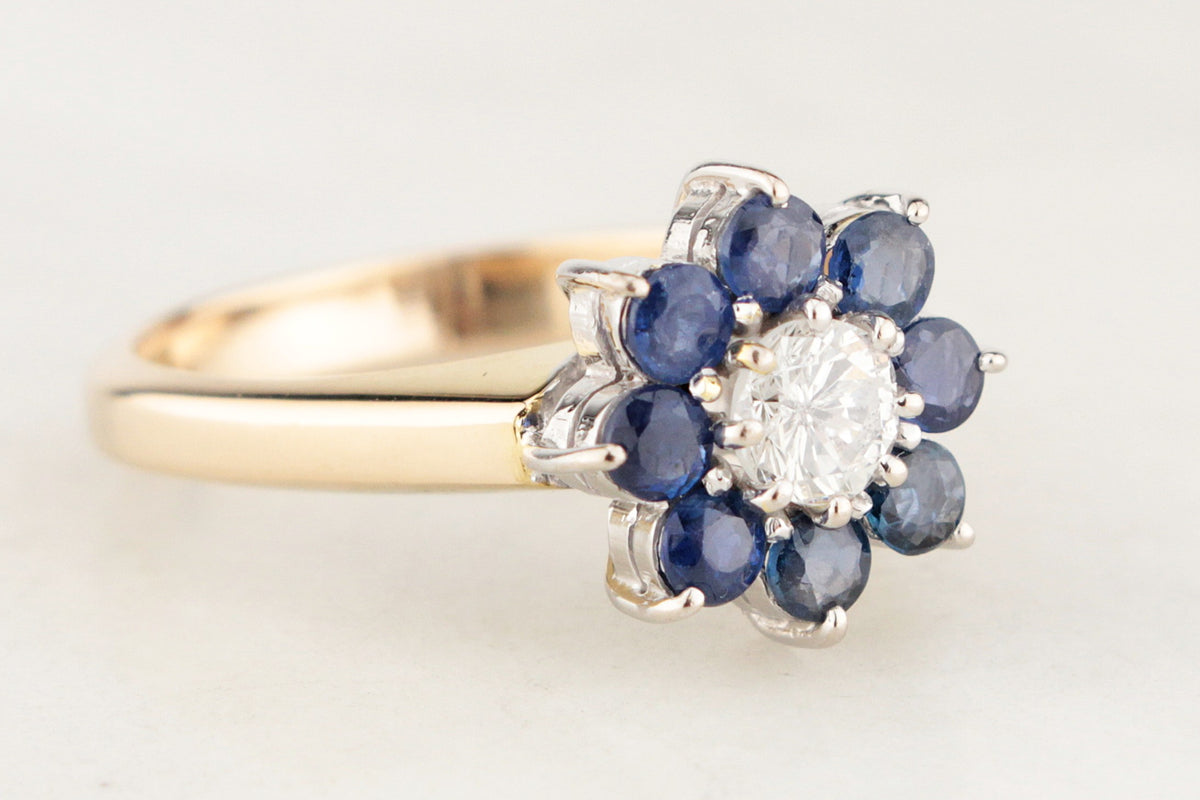 VINTAGE c1940 CEYLON SAPPHIRE &amp; DIAMOND FLORAL CLUSTER RING 14ct GOLD