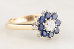 VINTAGE c1940 CEYLON SAPPHIRE & DIAMOND FLORAL CLUSTER RING 14ct GOLD
