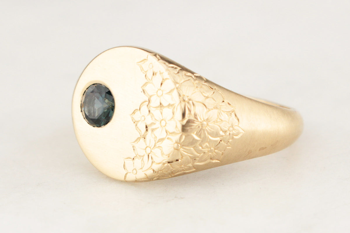 BESPOKE TEAL SAPPHIRE ETCHED SIGNET RING 9CT GOLD