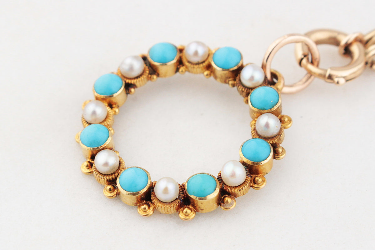 ANTIQUE VICTORIAN TURQUOISE & PEARL PENDANT 18ct GOLD