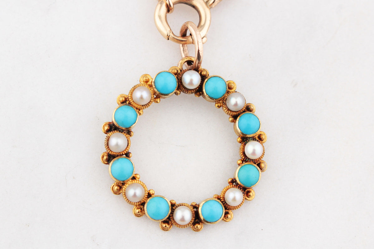 ANTIQUE VICTORIAN TURQUOISE & PEARL PENDANT 18ct GOLD