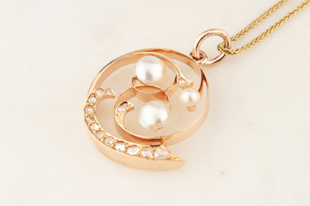 ANTIQUE ART NOUVEAU DIAMOND &amp; PEARL PENDANT 10ct ROSE GOLD