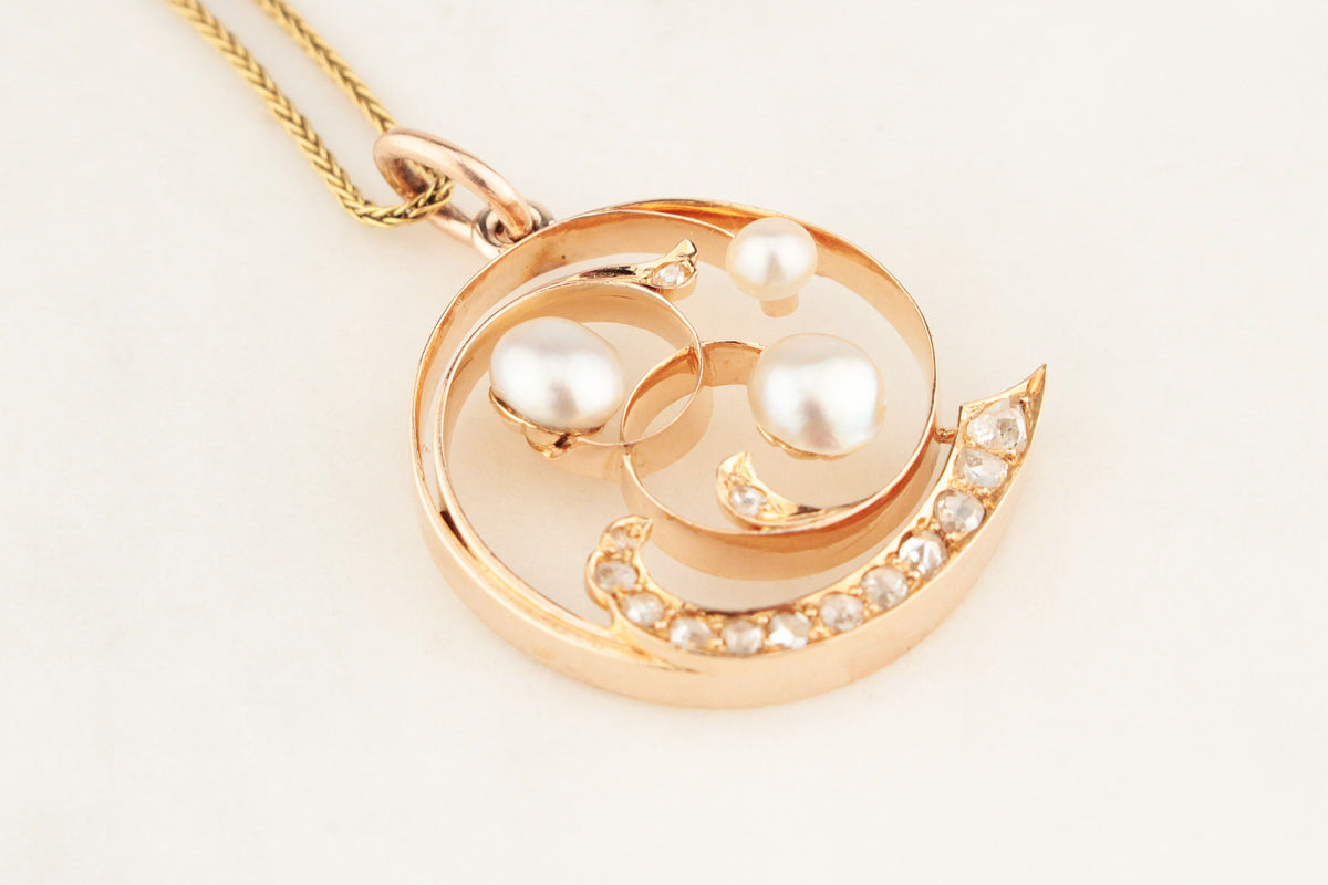 ANTIQUE ART NOUVEAU DIAMOND &amp; PEARL PENDANT 10ct ROSE GOLD
