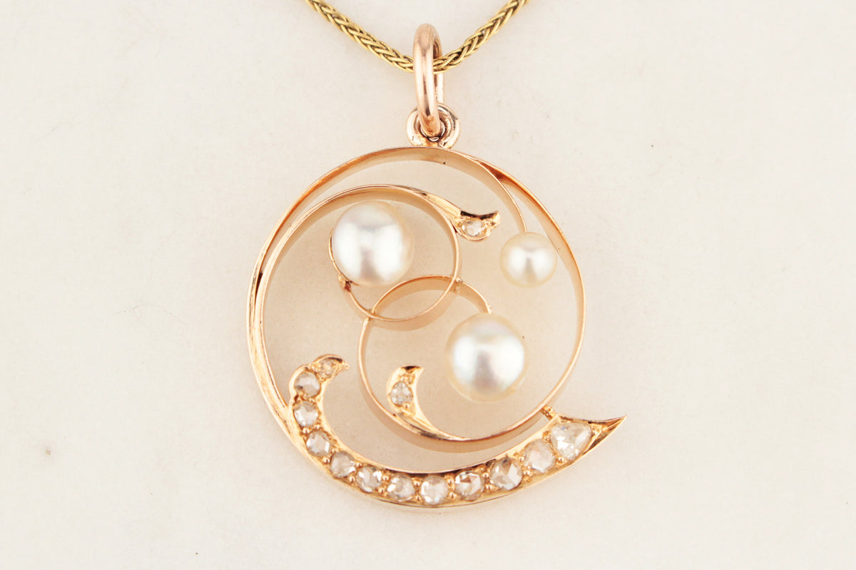 ANTIQUE ART NOUVEAU DIAMOND &amp; PEARL PENDANT 10ct ROSE GOLD