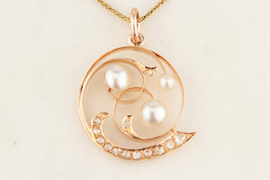 ANTIQUE ART NOUVEAU DIAMOND & PEARL PENDANT 10ct ROSE GOLD
