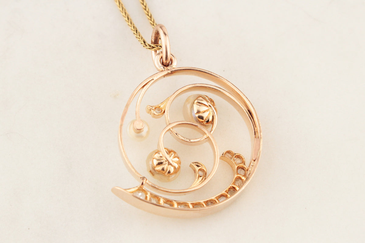 ANTIQUE ART NOUVEAU DIAMOND &amp; PEARL PENDANT 10ct ROSE GOLD