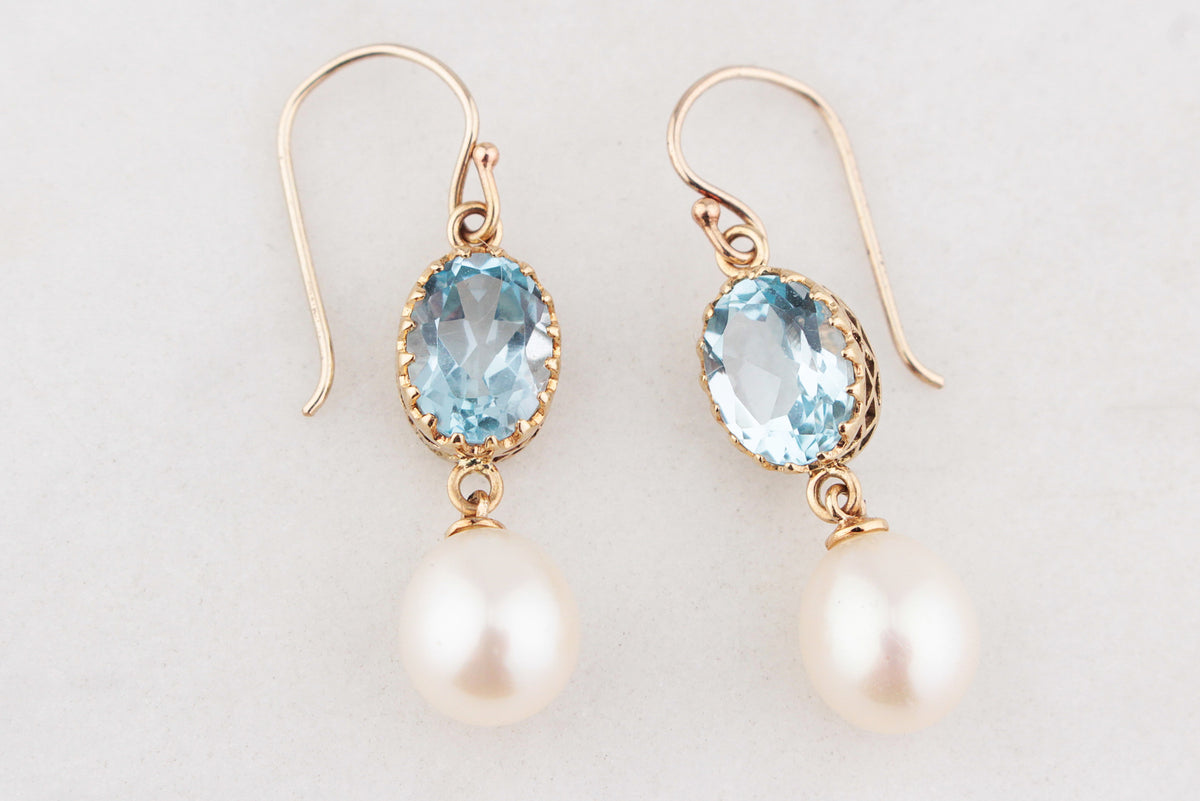 VINTAGE TOPAZ AND PEARL EARRINGS 9ct GOLD